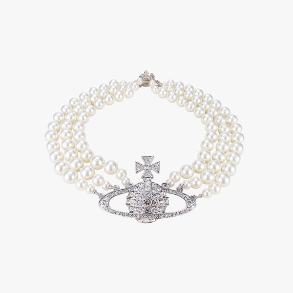 Vivienne Westwood Three Row Pearl Bas Relief Choker Silver-tone